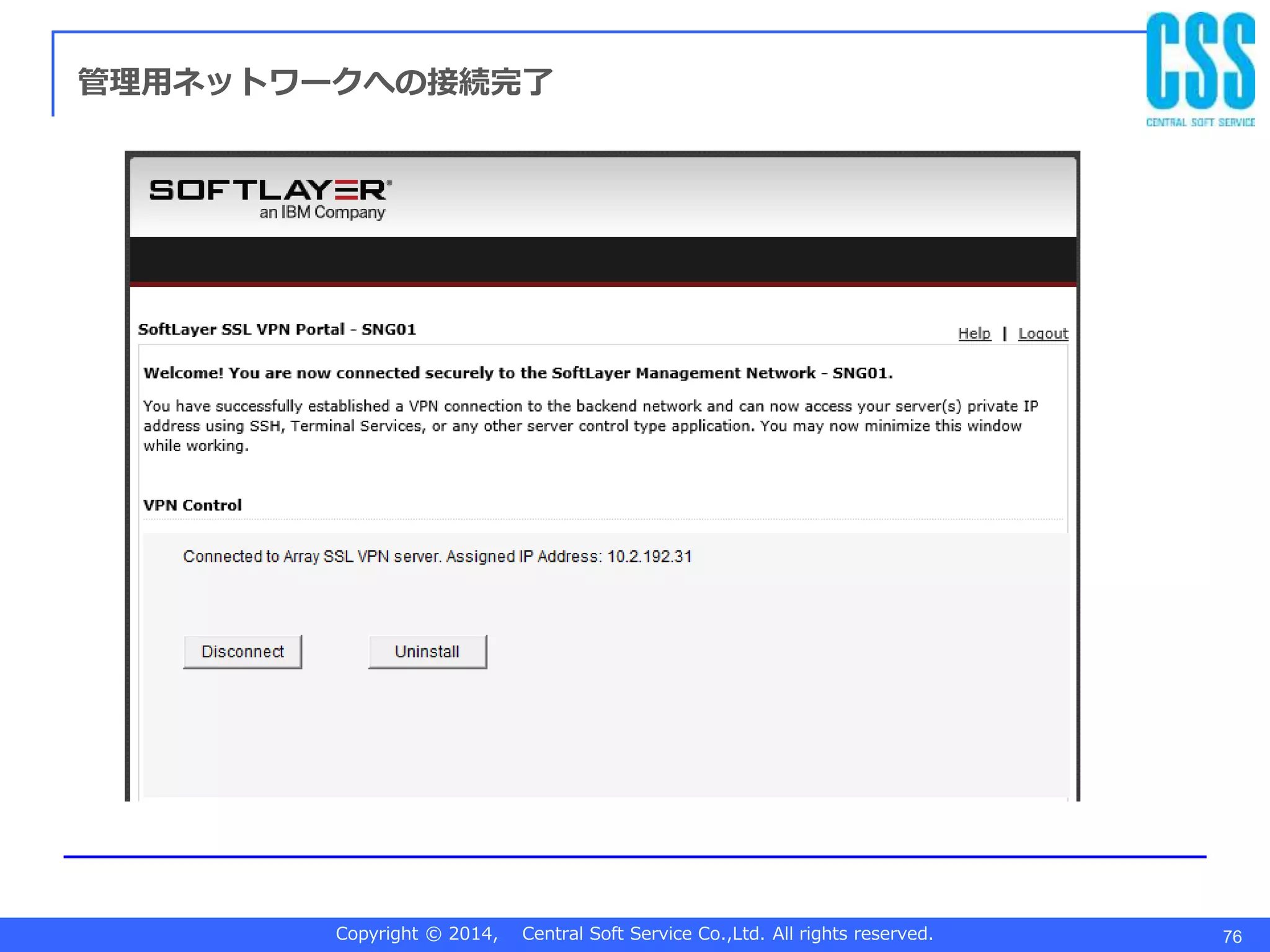 Copyright © 2014, Central Soft Service Co.,Ltd. All rights reserved. 76
管理用ネットワークへの接続完了
 