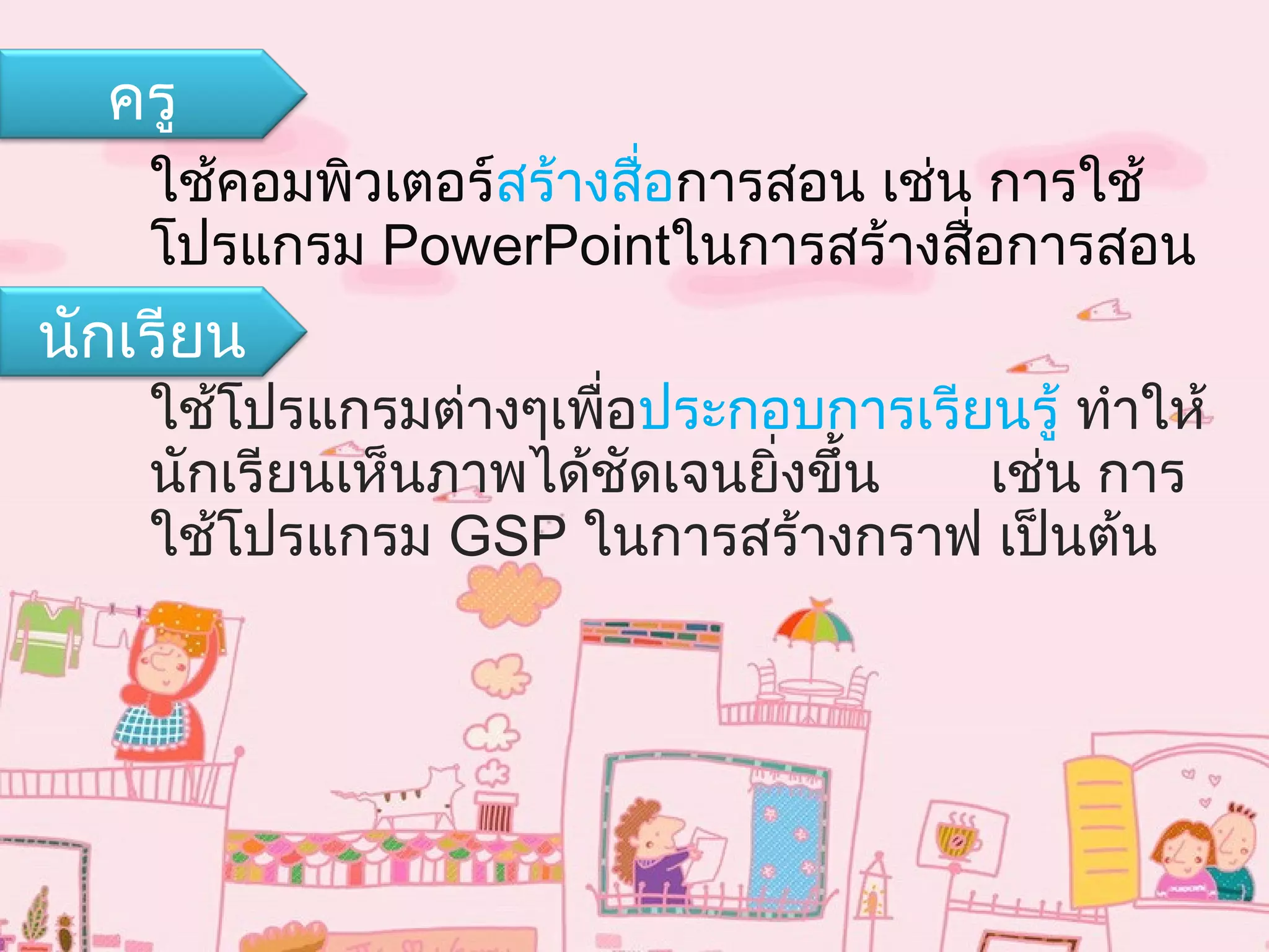 ใช้คอมพิวเตอร์สร้างสื่อการสอน เช่น การใช้
โปรแกรม PowerPointในการสร้างสื่อการสอน
ใช้โปรแกรมต่างๆเพื่อประกอบการเรียนรู้ ทำาให้
นักเรียนเห็นภาพได้ชัดเจนยิ่งขึ้น เช่น การ
ใช้โปรแกรม GSP ในการสร้างกราฟ เป็นต้น
นักเรียน
ครู
 