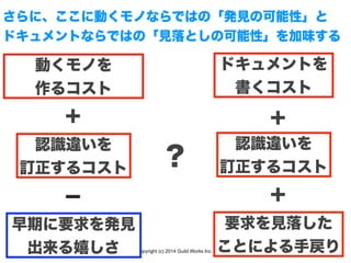 Copyright (c) 2014 Guild Works Inc.
動くモノを
作るコスト
認識違いを
訂正するコスト
ドキュメントを
書くコスト
認識違いを
訂正するコスト
＋ ＋
？
さらに、ここに動くモノならではの「発見の可能性」と
ドキュメントならではの「見落としの可能性」を加味する
➖
早期に要求を発見
出来る嬉しさ
要求を見落した
ことによる手戻り
＋
 