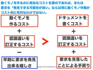 Copyright (c) 2014 Guild Works Inc.
動くモノを
作るコスト
認識違いを
訂正するコスト
ドキュメントを
書くコスト
認識違いを
訂正するコスト
＋ ＋
＜
動くモノを作るのに相当なコストを要のであれば、または
要求を「発見できる可能性が低い」ならば常に動くモノ作戦が
コスト的に有利なわけではない。
➖
早期に要求を発見
出来る嬉しさ
要求を見落した
ことによる手戻り
＋
 