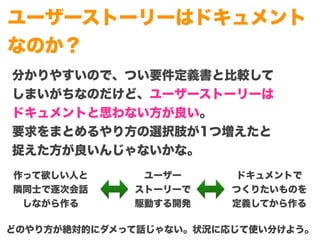 Copyright (c) 2014 Guild Works Inc.
ユーザーストーリーはドキュメント
なのか？
分かりやすいので、つい要件定義書と比較して
しまいがちなのだけど、ユーザーストーリーは
ドキュメントと思わない方が良い。
要求をまとめるやり方の選択肢が1つ増えたと
捉えた方が良いんじゃないかな。
作って欲しい人と
隣同士で逐次会話
しながら作る
ドキュメントで
つくりたいものを
定義してから作る
ユーザー
ストーリーで
駆動する開発
どのやり方が絶対的にダメって話じゃない。状況に応じて使い分けよう。
 