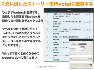 Copyright (c) 2014 Guild Works Inc.
②洗い出したストーリーをPivotalに登録する
ひとまずiceboxに登録する。
登録したら関係者でiceboxを
眺めて抜け漏れをチェックしよう
!
ラベルをつけて管理しやすく
しよう。Pivotalだとラベルを
エピックにしてエピックとして
ストーリーをまとめて管理する
こともできる。
!
Whyまで書くと長くなるので
descriptionに書くと良い
 