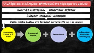 Οι Σλάβοι και οι Ελληνικοί πληθυσμοί στο πέρασμα του χρόνου 
Ομαλή ένταξη Σλάβων στη βυζαντινή κοινωνία (9ο και 10ο αιώνα) 
Επίδραση ελληνικού πολιτισμού 
Ανάπτυξη οικονομικών -κοινωνικών σχέσεων Εξελληνισμός Σλάβων σε 3 στάδιαΣτρατιωτική υποταγήΕκχριστιανισμόςΑφομοίωση κοινωνική εθνολογική  