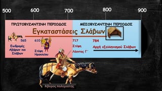 500 
600 
700 
800 
900ΠΡΩΤΟΒΥΖΑΝΤΙΝΗ ΠΕΡΙΟΔΟΣΜΕΣΟΒΥΖΑΝΤΙΝΗ ΠΕΡΙΟΔΟΣ 
565Επιδρομές Αβάρωνκαι Σλάβων 
610Στέψη Ηρακλείου717 ΣτέψηΛέοντος Γ΄ 
Εγκαταστάσεις Σλάβων784 Αρχή εξελληνισμού Σλάβων  