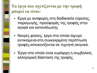 4 
Σα έργα ποσ ζτεηίδοληαη κε ηελ ηροθή κπορεί λα είλαη: 
Εργα κε αλαθορές ζηε δηαδηθαζία εύρεζες, παραγφγής, προζθοράς ηες ηροθής ζηελ αγοράθαη θαηαλάιφζες 
Νεθρές θύζεης, έργα ζηα οποία άυστα αληηθείκελα-ζηε ζσγθεθρηκέλε περίπηφζε ηροθές-απεηθολίδοληαη ζε ηετλεηά ζθεληθά. 
Έργα ζηα οποία είλαη θσρίαρτε ε ζσκβοιηθή, αιιεγορηθή δηάζηαζε ηες ηροθής.  