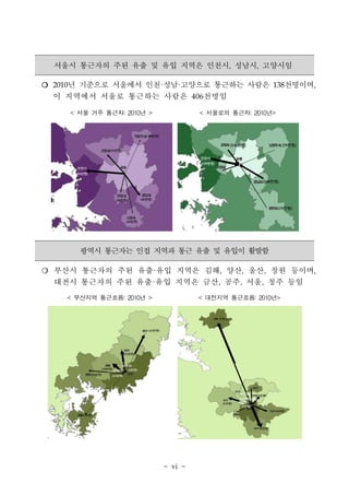 서울시 통근자의 주된 유출 및 유입 지역은 인천시, 성남시, 고양시임 
❍ 2010년 기준으로 서울에서 인천·성남·고양으로 통근하는 사람은 138천명이며, 
이 지역에서 서울로 통근하는 사람은 406천명임 
< 서울 거주 통근자: 2010년 > < 서울로의 통근자: 2010년> 
광역시 통근자는 인접 지역과 통근 유출 및 유입이 활발함 
❍ 부산시 통근자의 주된 유출·유입 지역은 김해, 양산, 울산, 창원 등이며, 
대전시 통근자의 주된 유출·유입 지역은 금산, 공주, 서울, 청주 등임 
< 부산지역 통근흐름: 2010년 > < 대전지역 통근흐름: 2010년> 
- vi - 
 