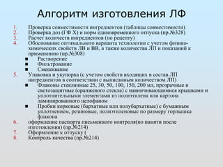 Алгоритм изготовления ЛФ 
1. Проверка совместимости ингредиентов (таблицы совместимости) 
2. Проверка доз (ГФ Х) и норм единовременного отпуска (пр.№328) 
3. Расчет количеств ингредиентов (по рецепту) 
4. Обоснование оптимального варианта технологии с учетом физико- 
химических свойств ЛВ и ВВ, а также количества ЛП и показаний к 
применению (пр.№308) 
 Растворение 
 Фильтрование 
 Смешивание 
5. Упаковка и укупорка (с учетом свойств входящих в состав ЛП 
ингредиентов в соответствии с выписанным количеством ЛП) 
 Флаконы стеклянные 25, 30, 50, 100, 150, 200 мл, прозрачные и 
светозащитные (оранжевого стекла) с навинчивающимися крышками и 
уплотнительными элементами из полиэтилена или картона 
ламинированного целофаном 
 Пробки корковые (бархатные или полубархатные) с бумажным 
уплотнением, резиновые, полиэтиленовые по размеру горлышка 
флакона 
6. оформление паспорта письменного контроля(по памяти после 
изготовления) (пр.№214) 
7. Оформление к отпуску ( 
8. Контроль качества (пр.№214) 
 