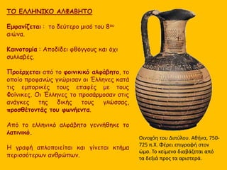 ΤΟ ΕΛΛΗΝΙΚΟ ΑΛΦΑΒΗΤΟ
Εμφανίζεται : το δεύτερο μισό του 8ου
αιώνα.
Καινοτομία : Αποδίδει φθόγγους και όχι
συλλαβές.
Προέρχεται από το φοινικικό αλφάβητο, το
οποίο προφανώς γνώρισαν οι Έλληνες κατά
τις εμπορικές τους επαφές με τους
Φοίνικες. Οι Έλληνες το προσάρμοσαν στις
ανάγκες της δικής τους γλώσσας,
προσθέτοντάς του φωνήεντα.
Από το ελληνικό αλφάβητο γεννήθηκε το
λατινικό.
Η γραφή απλοποιείται και γίνεται κτήμα
περισσότερων ανθρώπων.
Οινοχόη του Διπύλου. Αθήνα, 750-
725 π.Χ. Φέρει επιγραφή στον
ώμο. Το κείμενο διαβάζεται από
τα δεξιά προς τα αριστερά.
 