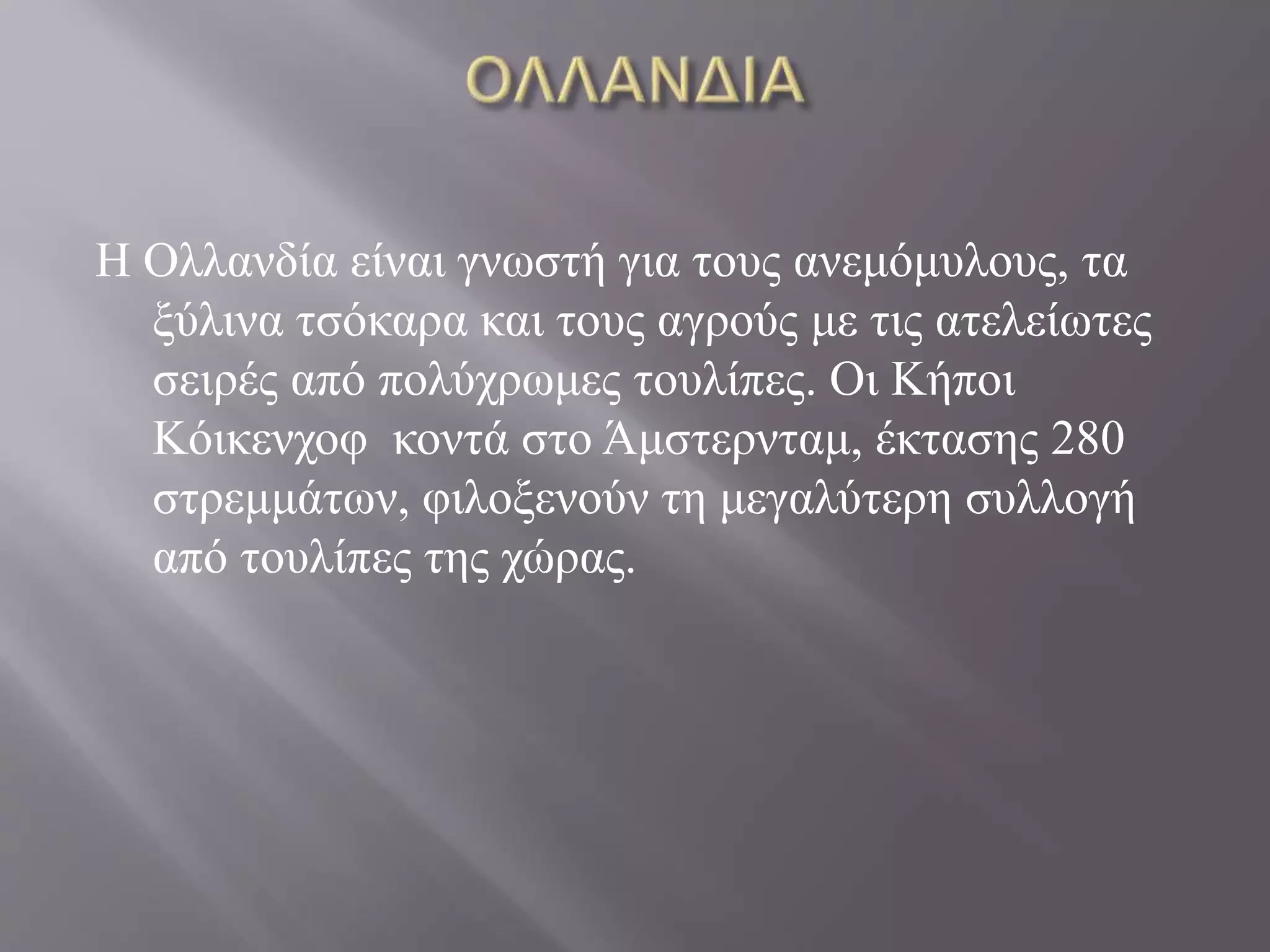 Η Ολλανδία είναι γνωστή για τους ανεμόμυλους, τα 
ξύλινα τσόκαρα και τους αγρούς με τις ατελείωτες 
σειρές από πολύχρωμες τουλίπες. Οι Κήποι 
Κόικενχοφ κοντά στο Άμστερνταμ, έκτασης 280 
στρεμμάτων, φιλοξενούν τη μεγαλύτερη συλλογή 
από τουλίπες της χώρας. 
 