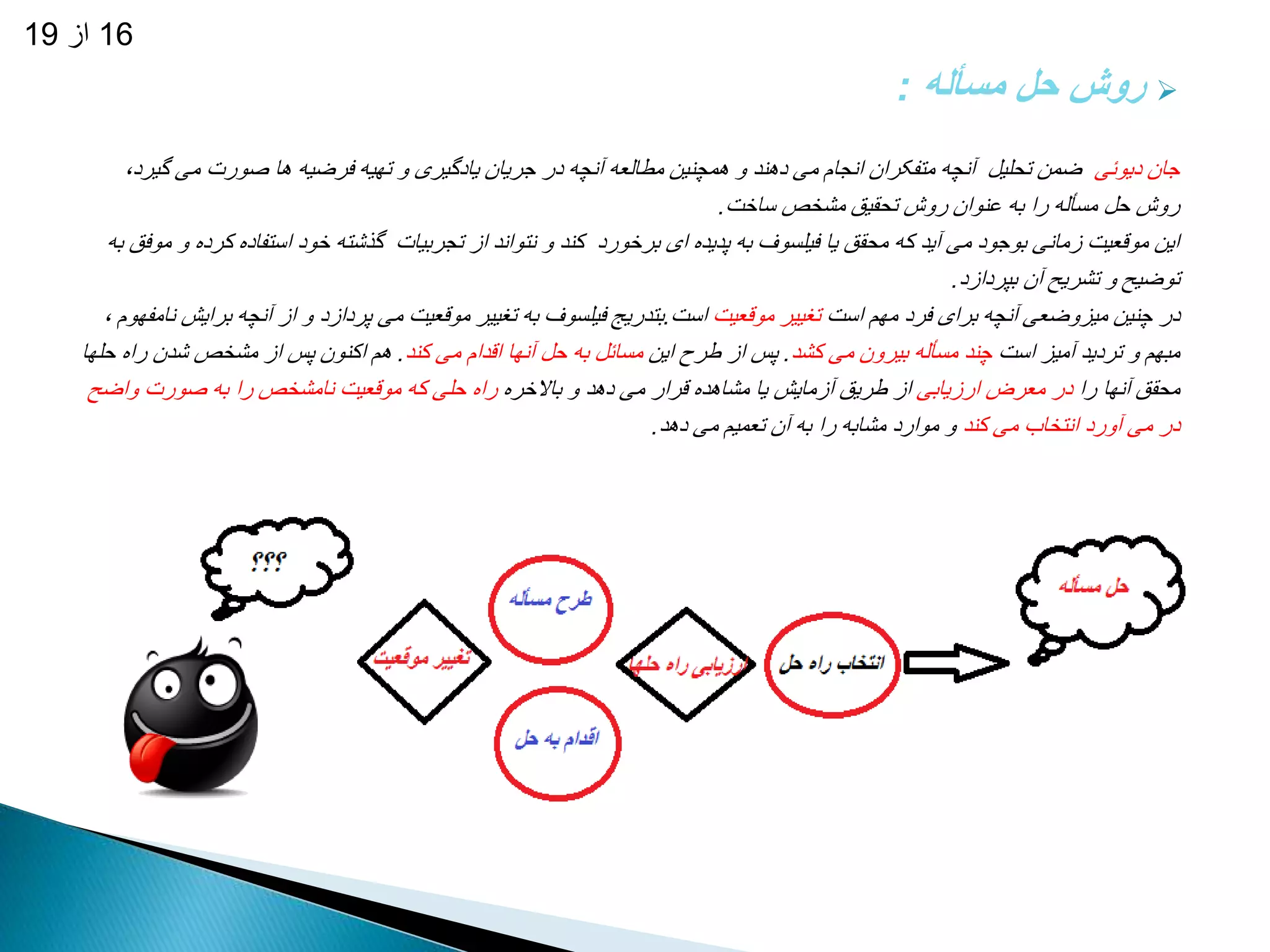16 از 19 
روش حل مسأله :  
جان دیوئی ضمن تحلیل آنچه متفکران انجام می دهند و همچنین مطالعه آنچه در جریان یادگیری و تهیه فرضیه ها صورت می گیرد، 
روش حل مسأله را به عنوان روش تحقیق مشخص ساخت. 
این موقعیت زمانی بوجود می آید که محقق یا فیلسوف به پدیده ای برخورد کند و نتواند از تجربیات گذشته خود استفاده کرده و موفق به 
توضیح و تشریح آن بپردازد. 
در چنین میزوضعی آنچه برای فرد مهم است تغییر موقعیت است. بتدریج فیلسوف به تغییر موقعیت می پردازد و از آنچه برایش نامفهوم ، 
مبهم و تردید آمیز است چند مسأله بیرون می کشد. پس از طرح این مسائل به حل آنها اقدام می کند. هم اکنون پس از مشخص شدن راه حلها 
محقق آنها را در معرض ارزیابی از طریق آزمایش یا مشاهده قرار می دهد و بالاخره راه حلی که موقعیت نامشخص را به صورت واضح 
در می آورد انتخاب می کند و موارد مشابه را به آن تعمیم می دهد. 
 