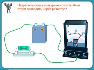 Накресліть схему електричного кола. Який 
струм проходить через резистор? 
0 5 
10 
V 
45 Ом 
 