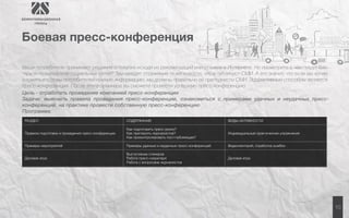 10 
Боевая пресс-конференция 
Ваши потребители принимают решение о покупке исходя из рекомендаций или отзывов в Интернете. Но посмотрите о чём пишут бло- 
геры и пользователи социальных сетей? Там находят отражение те же новости, что и публикуют СМИ. А это значит, что если мы хотим 
вложить в головы потребителей нужную информацию, мы должны правильно её преподнести СМИ. Эффективным способом является 
пресс-конференция. После этого семинара вы сможете провести успешную пресс-конференцию. 
Цель - отработать проведение компанией пресс-конференции 
Задачи: выяснить правила проведения пресс-конференции, ознакомиться с примерами удачных и неудачных пресс- 
конференций, на практике провести собственную пресс-конференцию 
Программа: 
РАЗДЕЛ СОДЕРЖАНИЕ ВИДЫ АКТИВНОСТИ 
Правила подготовки и проведения пресс-конференции 
Как подготовить пресс-релиз? 
Как пригласить журналистов? 
Как проконтролировать пост-публикации? 
Индивидуальные практические упражнения 
Примеры мероприятий Примеры удачных и неудачных пресс-конференций Видеолекторий, отработка ошибок 
Деловая игра 
Выступление спикеров 
Работа пресс-секретаря 
Работа с вопросами журналистов 
Деловая игра 
 