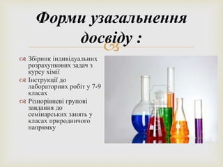 Форми узагальнення 
досвіду : 
 
 Збірник індивідуальних 
розрахункових задач з 
курсу хімії 
 Інструкції до 
лабораторних робіт у 7-9 
класах 
 Різнорівневі групові 
завдання до 
семінарських занять у 
класах природничого 
напрямку 
