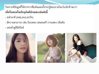 วิเคราะห์ข้อมูลที่ได้จากการสืบค้นและตัง้กระทู้สอบถามในเว็บเด็กดี พบว่า 
เน็ตไอดอลในปัจจุบันมีลักษณะเด่นดังนี้ 
- หน้าตาดี (หล่อ,สวย,น่ารัก) 
- มีความสามารถ เช่น ร้องเพลง เล่นดนตรี การแสดง เป็นต้น 
- แต่งตัวดูดีมีสไตล์ 
 