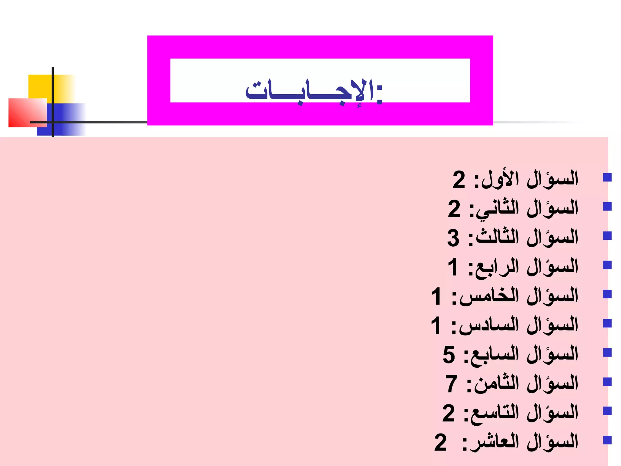 :الجـــابـــات 
السؤال الول: 2  
السؤال الثانفي: 2  
السؤال الثالث: 3  
السؤال الرابع: 1  
السؤال الخامس: 1  
السؤال السادس: 1  
السؤال السابع: 5  
السؤال الثامن: 7  
السؤال التاسع: 2  
السؤال العاشر: 2  
 