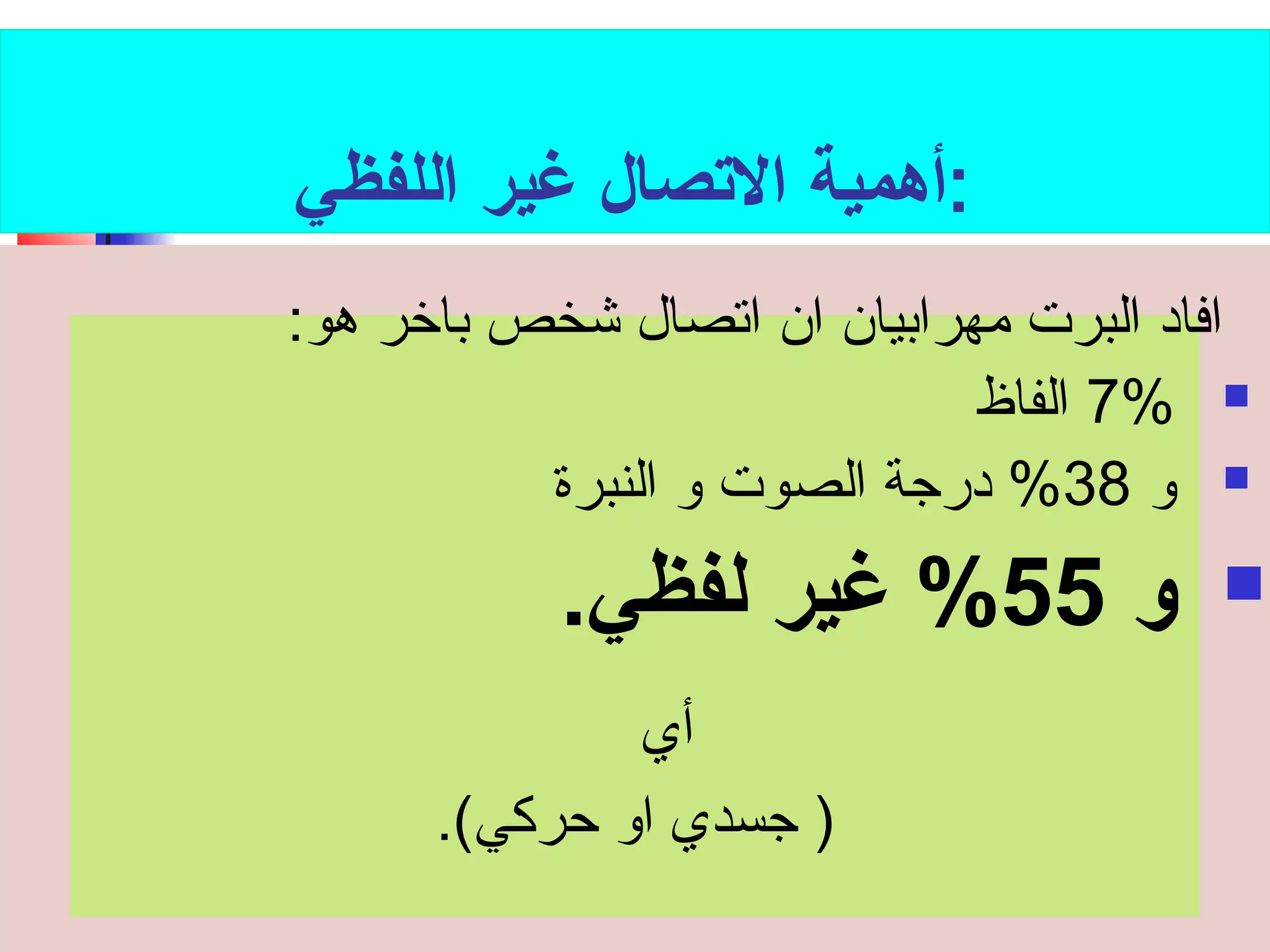 :أهمية التصصال غير اللفظي 
افاد البرت مهرابيان ان اتصال شخص باخر هو: 
7% الفاظ  
و 38 % درجة الصوت و النبرة  
و 55 % غير لفظي.  
أي 
( جسدي او حركي). 
 