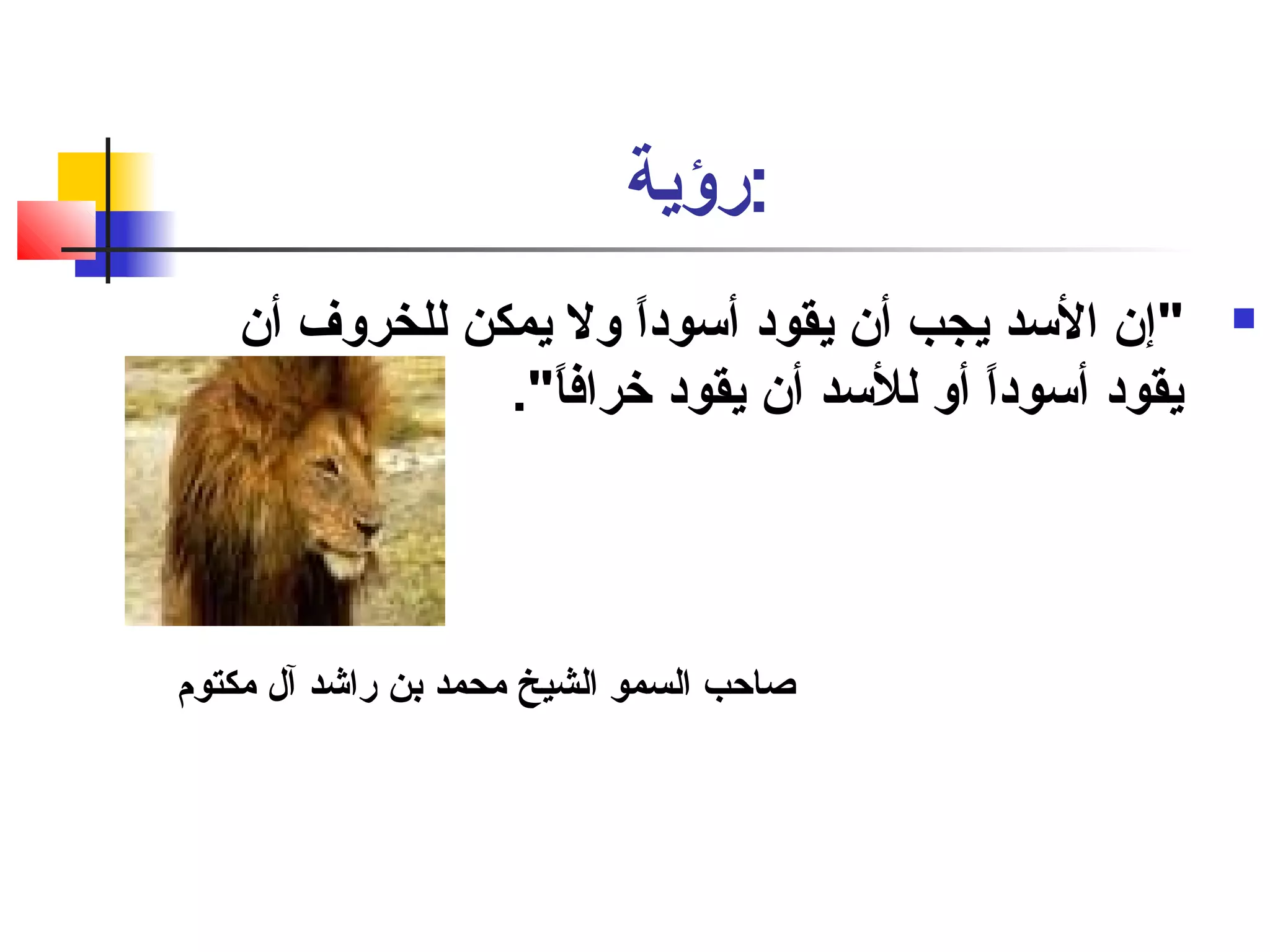 :رؤية 
إن السد يجب أن يقود أسوداً. ول يمكن للخروف أن "  
يقود أسوداً. أو للسد أن يقود خرافاً.". 
صاحب السمو الشيخ محمد بن راشد آل مكتوم 
 