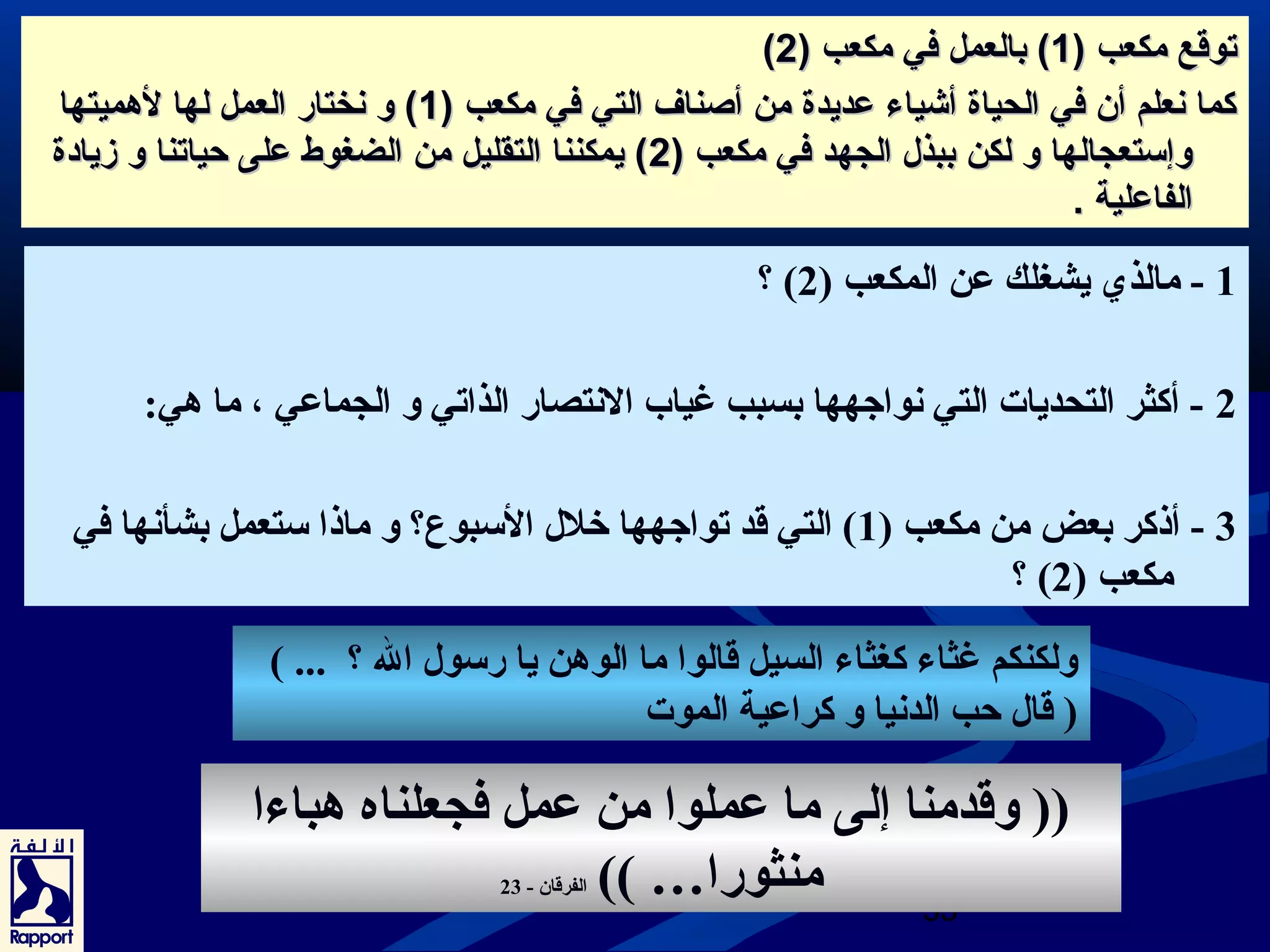 (( تتووقةقةعع ممككععبب (( 11)) ببااللععمملل ففيي ممككععبب (( 22 
ككمماا ننععللمم أأنن ففيي االلححييااةة أأششييااءء ععددييددةة ممنن أأصصنناافف االلتتيي ففيي ممككععبب (( 11)) وو ننخختتاارر االلععمملل للههاا للههممييتتههاا 
ووإإسستتععججااللههاا وو للككنن ببببذذلل االلججههدد ففيي ممككععبب (( 22)) ييممككنننناا االلتتققللييلل ممنن االلضضغغووطط ععللىى ححييااتتنناا وو ززييااددةة 
االلففااععللييةة .. 
؟ ( 1 - مالذي يشغلك عن المكعب ( 2 
2 - أكثر التحديات التي نعواجتهها بسبب غياب النعتصار الذاتي و الجماعي ، ما هي: 
3 - أذكر بعض من مكعب ( 1) التي قد تواجتهها خرلل السبوع؟ و ماذا ستعمل بشأنعها في 
(( وقدمنا إلى ما عملوا من عمل فجعلناه هباءا 
33 
منثورا… )) الفرقان - 23 
؟ ( مكعب ( 2 
ولكنكم غثاء كغثاء السيل قالوا ما الوهن يا رسول ال ؟ ... ) 
( قال حب الدنعيا و كراعية الموت 
 