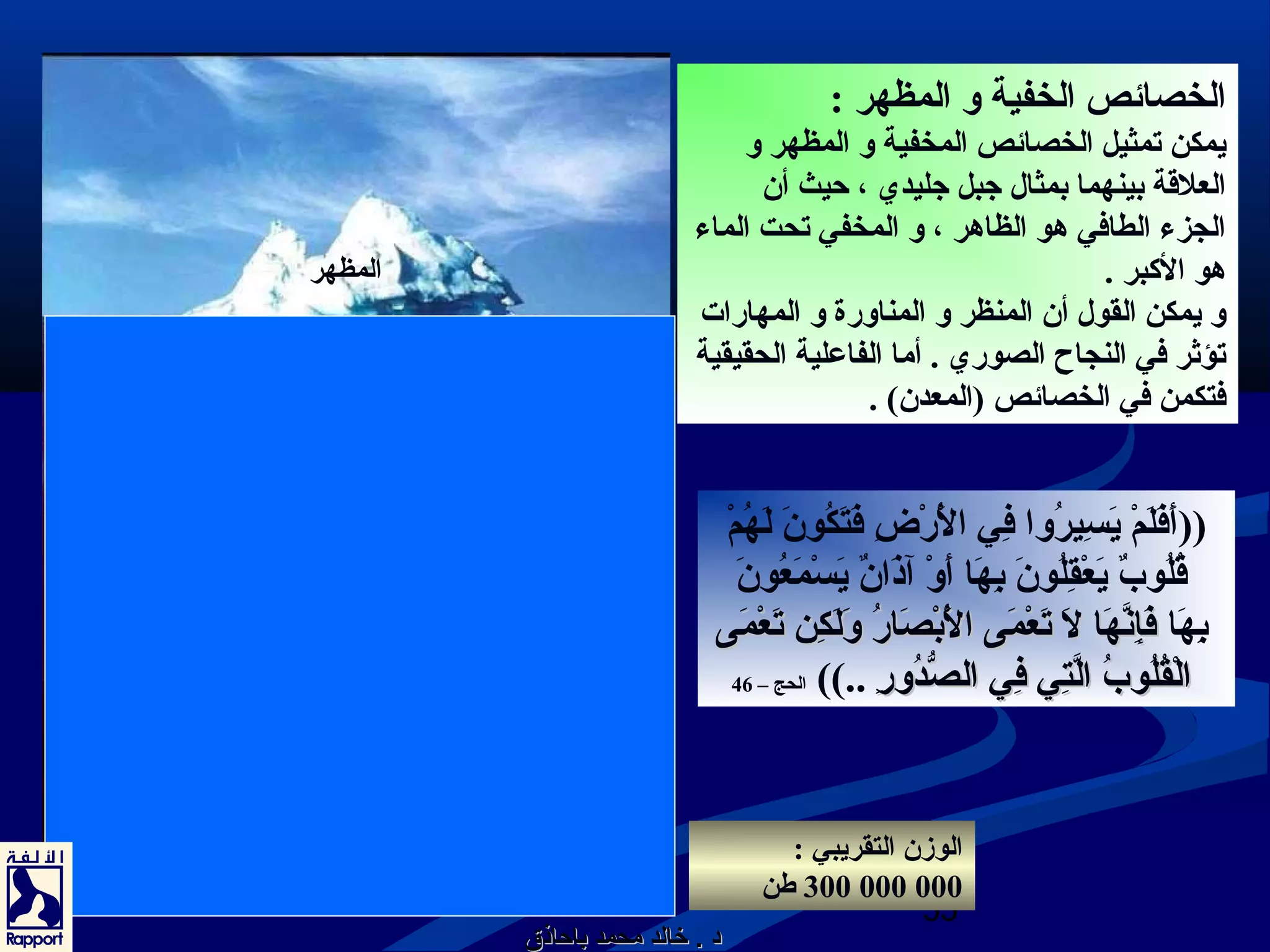 الخصائص الخفية و المظهر : 
يمكن تمثيل الخصائص المخفية و المظهر و 
العلقة بينهما بمثال  جتبل جتليدي ، حيث أن 
الجزء الطافي هدو الظاهدر ، و المخفي تحت الماء 
هدو الكبر . 
و يمكن القول  أن المنظر و المناورة و المهارات 
تؤثرر في النجاح الصوري . أما الفاعلية الحقيقية 
فتكمن في الخصائص (المعدن) . 
((أَ أفَ ألَ أمْهُ يَ أسِييرُم وا فِيي الَ أْهُرْهُضِي فَ أتَ أكُم ونَ أ لَ أهُم مْهُ 
قُم لُم وبٌ  يَ أعْهُقِيلُم ونَ أ بِيهَ أا أَ أوْهُ آذَ أانٌ  يَ أسْهُمَ أعُم ونَ أ 
بِيهَ أا ففَ أَ أإإِيِيننََّّهَ أهَ أاا للَ أَ أ تتَ أَ أععْهُْهُممَ أَ أىى االلَ أْهُْهَُ أببْهُْهُصصَ أَ أاارُم رُم  وَ أوَ أللَ أَ أككِيِينن تتَ أَ أععْهُْهُممَ أَ أىى 
االلْهُْهُقُم قُم للُم ُم ووبُم بُم  االلََّّتتِيِييي ففِيِييي االلصصُُّّددُم ُم وورِيرِي ..)) الحج – 46 
55 
المظهر 
االلخخصصاائئصص االلممخخففييةة 
الوزن التقريبي : 
300 طن 000 000 
دودو .. خرخرااللدد ممححممدد ببااححااذذقق 
 