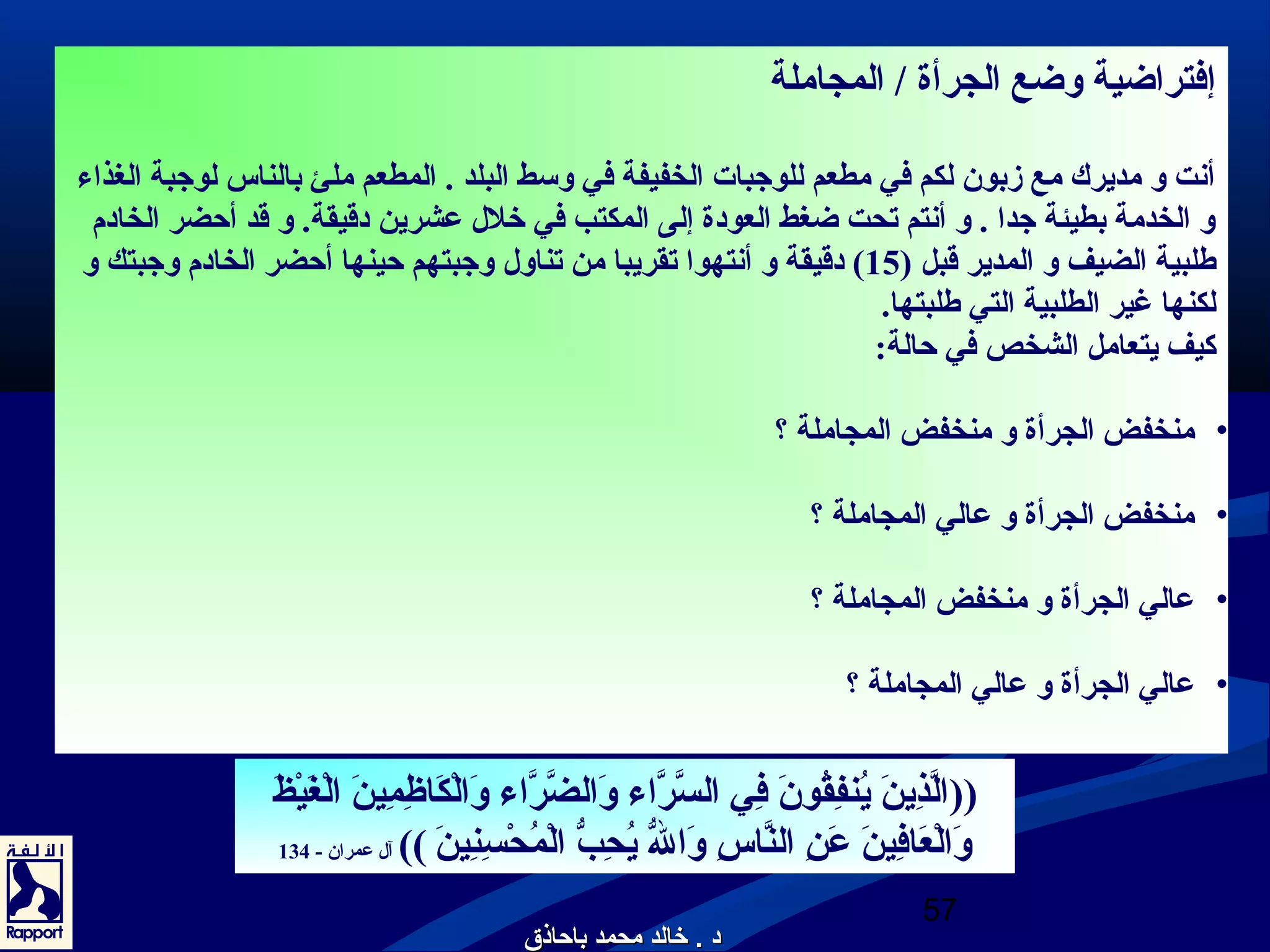 إفتراضية وضع الجرأة / المجاملة 
أنت و مديرك مع زبون لكم في مطعم للوجتبات الخفيفة في وسط البلد . المطعم ملئ بالناس لوجتبة الغذاء 
و الخدمة بطيئة جتدا . و أنتم تحت ضغط العودوة إلى المكتب في خلل  عشرين دوقيقة. و قد أحضر الخادوم 
طلبية الضيف و المدير قبل ( 15 ) دوقيقة و أنتهوا تقريبا من تناول  وجتبتهم حينها أحضر الخادوم وجتبتك و 
لكنها غير الطلبية التي طلبتها. 
كيف يتعامل الشخص في حالة: 
• منخفض الجرأة و منخفض المجاملة ؟ 
• منخفض الجرأة و عالي المجاملة ؟ 
• عالي الجرأة و منخفض المجاملة ؟ 
• عالي الجرأة و عالي المجاملة ؟ 
((الَّذِيينَ أ يُم نفِيقُم ونَ أ فِيي السَّرَّاء وَ أالضَّرَّاء وَ أالْهُكَ أاظِيمِيينَ أ الْهُغَ أيْهُظَ أ 
وَ أالْهُعَ أافِيينَ أ عَ أنِي النَّاسِي وَ أالُّ يُم حِيبُّ الْهُمُم حْهُسِينِيينَ أ )) آل  عمران - 134 
57 
دودو .. خرخرااللدد ممححممدد ببااححااذذقق 
 