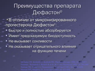 ППррееииммуущщеессттвваа ппррееппааррааттаа 
ДДююффаассттоонн® 
ВВ ооттллииччииии оотт ммииккррооннииззииррооввааннннооггоо 
ппррооггеессттееррооннаа ДДююффаассттоонн® :: 
 ББыыссттрроо ии ппооллннооссттььюю ааббссооррббииррууееттссяя 
 ИИммеееетт ппррееддссккааззууееммууюю ббииооддооссттууппннооссттьь 
 ННее ввыыззыыввааеетт ссооннллииввооссттии 
 ННее ооккааззыыввааеетт ооттррииццааттееллььннооггоо ввллиияянниияя 
ннаа ффууннккццииюю ппееччееннии 
McAuley JW, Kroboth FJ, Kroboth PD. Pharmacotherapy 1996; 16: 453-457. 
Freeman , Weinstock I, Rickels K et al. Br J Clin Pharmacol 1992; 33: 293-298 
Norman TR, Morse CA, Dennerstein L. Fertil Steril 1991; 56: 1034-1039. 
Maxson WS, Hargrove JT. Fertil Steril 1985; 44: 622-626. 
 