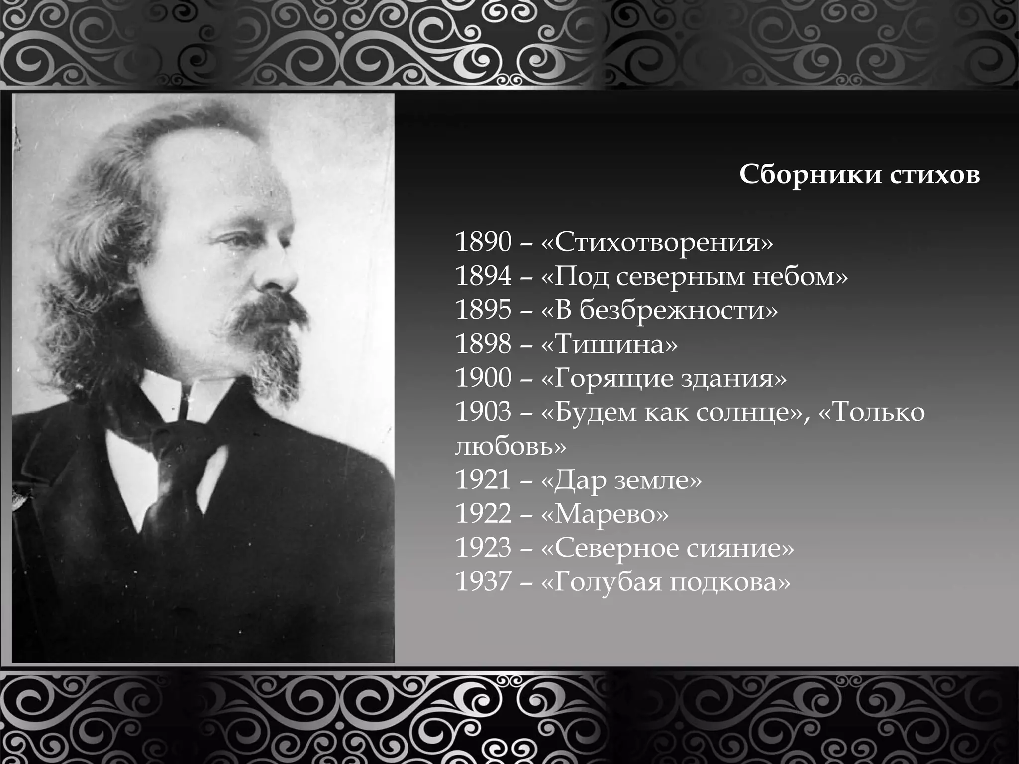 Сборники стихов 
1890 – «Стихотворения» 
1894 – «Под северным небом» 
1895 – «В безбрежности» 
1898 – «Тишина» 
1900 – «Горящие здания» 
1903 – «Будем как солнце», «Только 
любовь» 
1921 – «Дар земле» 
1922 – «Марево» 
1923 – «Северное сияние» 
1937 – «Голубая подкова» 
 