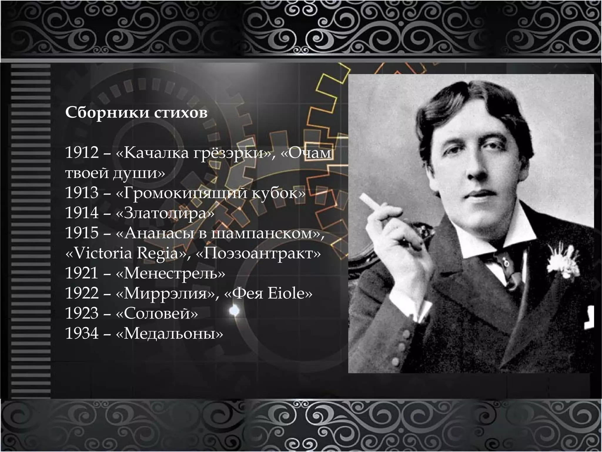 Сборники стихов 
1912 – «Качалка грёзэрки», «Очам 
твоей души» 
1913 – «Громокипящий кубок» 
1914 – «Златолира» 
1915 – «Ананасы в шампанском», 
«Victoria Regia», «Поэзоантракт» 
1921 – «Менестрель» 
1922 – «Миррэлия», «Фея Eiole» 
1923 – «Соловей» 
1934 – «Медальоны» 
 