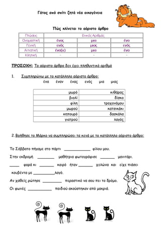 Γάτος από σπίτι ζητά νέα οικογένεια 
Πώς κλίνεται το αόριστο άρθρο 
ΠΡΟΣΟΧΗ: Το αόριστο άρθρο δεν έχει πληθυντικό αριθμό 
1. Συμπληρώνω με το κατάλληλο αόριστο άρθρο: 
ένα έναν ένας ενός μια μιας 
μωρό κιθάρας 
βιολί δίσκο 
φίλη τροχονόμου 
μωρού κατσικάκι 
κηπουρό δασκάλα 
γιατρού λαγός 
2. Βοήθησε το Μάρκο να συμπληρώσει τα κενά με το κατάλληλο αόριστο άρθρο: 
Το Σάββατο πήγαμε στο πάρτι ___________ φίλου μου. 
Στην εκδρομή _______ μαθήτρια φωτογράφισε ______ μανιτάρι. 
____ φορά κι ______ καιρό ήταν ______ χελώνα και είχε πιάσει 
κουβέντα με _________λαγό. 
Αν χαθείς ρώτησε ________ περαστικό να σου πει το δρόμο. 
Οι φωνές __________ παιδιού ακούστηκαν από μακριά. 
 