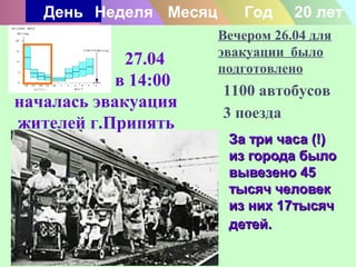 День Неделя Месяц Год 20 лет 
Вечером 26.04 для 
эвакуации было 
подготовлено 
1100 автобусов 
3 поезда 
ЗЗаа ттррии ччаассаа ((!!)) 
иизз ггооррооддаа ббыыллоо 
ввыыввееззеенноо 4455 
ттыыссяячч ччееллооввеекк 
иизз нниихх 1177ттыыссяячч 
ддееттеейй.. 
27.04 
в 14:00 
началась эвакуация 
жителей г.Припять 
 