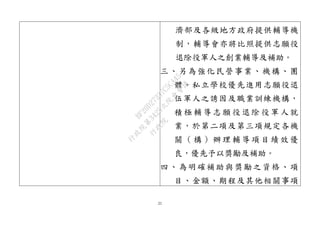 21 
濟部及各級地方政府提供輔導機 制，輔導會亦將比照提供志願役 退除役軍人之創業輔導及補助。 
三、另為強化民營事業、機構、團 體、私立學校優先進用志願役退 伍軍人之誘因及職業訓練機構， 積極輔導志願役退除役軍人就 業，於第二項及第三項規定各機 關（構）辦理輔導項目績效優 良，優先予以獎勵及補助。 
四、為明確補助與獎勵之資格、項 目、金額、期程及其他相關事項 
行政院 
行政院第3425次院會會議 
BF20D27337C5CA45 
 