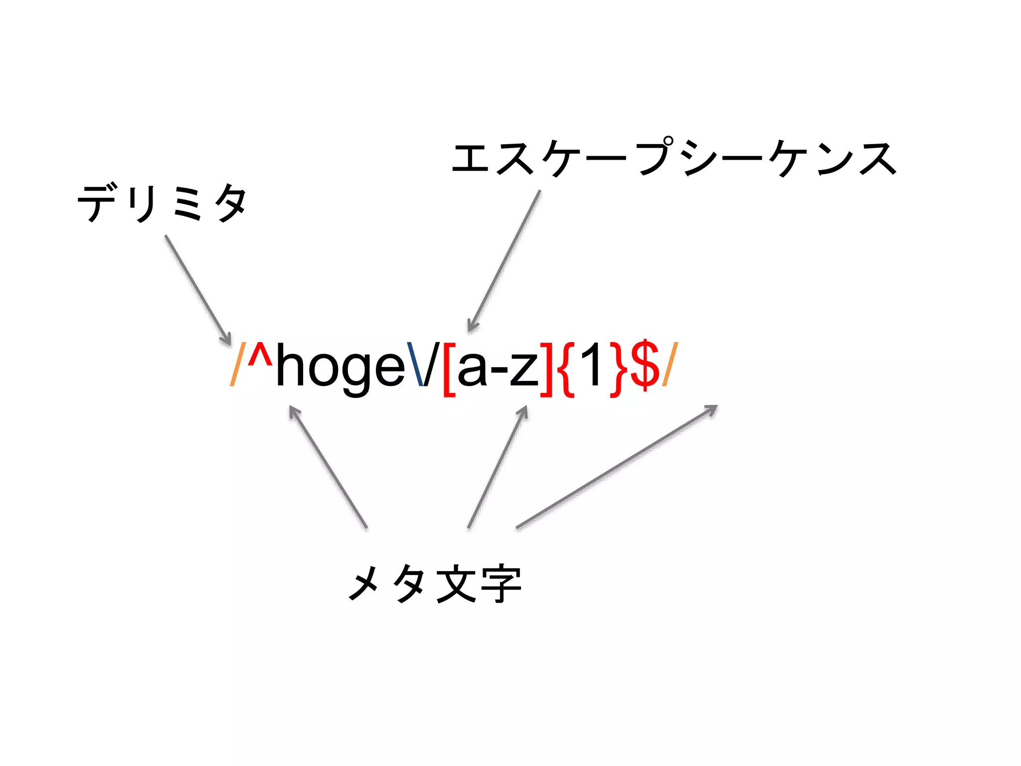デリミタ 
エスケープシーケンス 
/^hoge/[a-z]{1}$/ 
メタ文字 
 