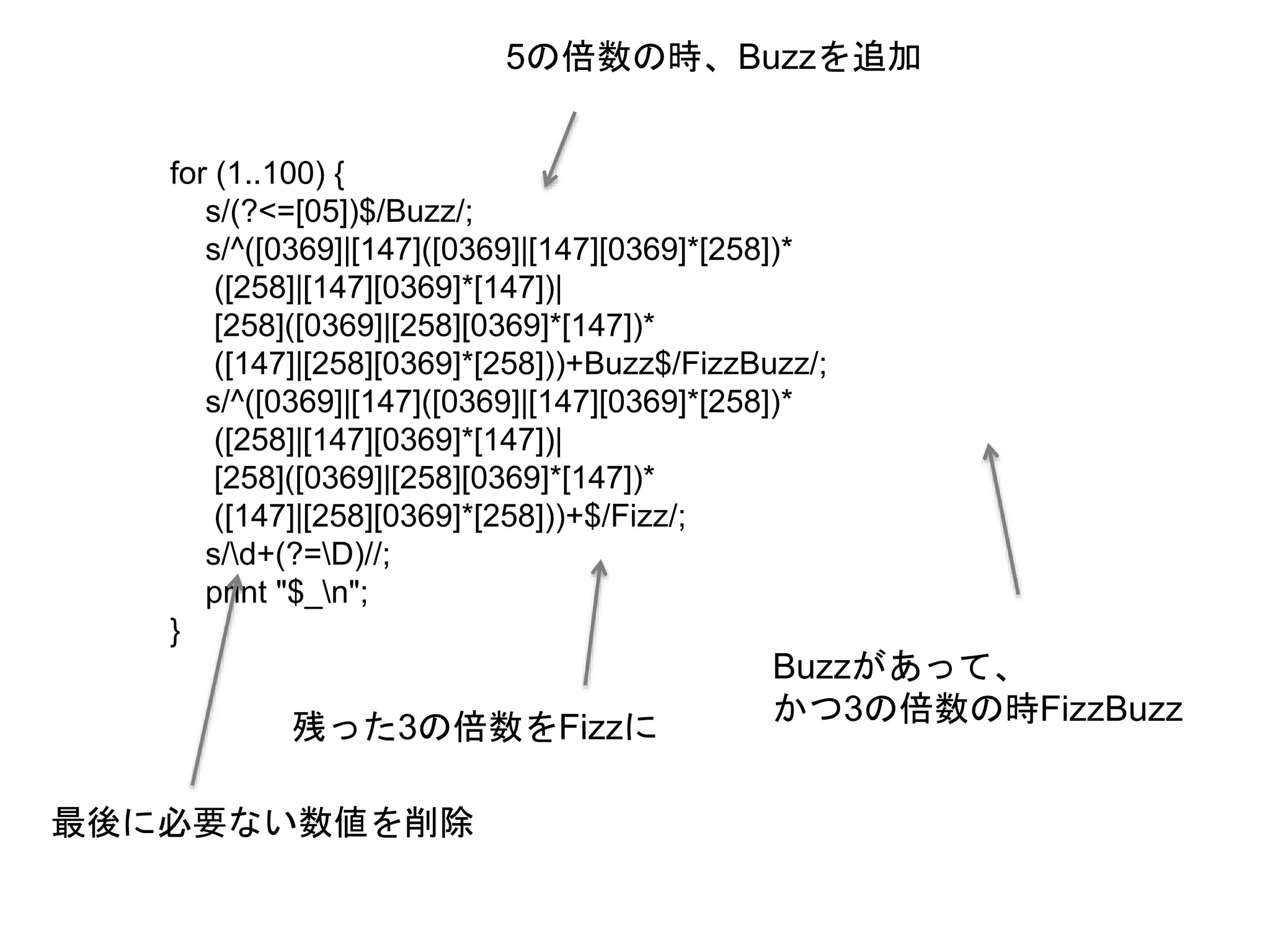 for (1..100) { 
s/(?<=[05])$/Buzz/; 
s/^([0369]|[147]([0369]|[147][0369]*[258])* 
([258]|[147][0369]*[147])| 
[258]([0369]|[258][0369]*[147])* 
([147]|[258][0369]*[258]))+Buzz$/FizzBuzz/; 
s/^([0369]|[147]([0369]|[147][0369]*[258])* 
([258]|[147][0369]*[147])| 
[258]([0369]|[258][0369]*[147])* 
([147]|[258][0369]*[258]))+$/Fizz/; 
s/d+(?=D)//; 
print "$_n"; 
} 
5の倍数の時、Buzzを追加 
Buzzがあって、 
かつ3の倍数の時残ったFizzBuzz 3の倍数をFizzに 
最後に必要ない数値を削除 
 