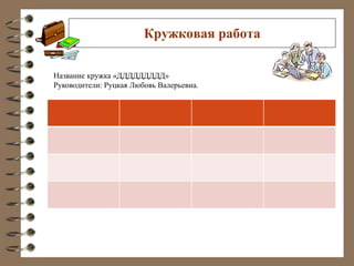 Кружковая работа 
Название кружка «ДДДДДДДДД» 
Руководители: Руцкая Любовь Валерьевна. 
 