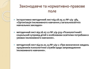 Законодавче та нормативно-правове 
поле 
 інструктивно-методичний лист від 18.05.12 № 1/9 -384 
«Організація інклюзивного навчання у загальноосвітніх 
навчальних закладах» 
 методичний лист від 26.07.12 № 1/9-529 «Психологічний і 
соціальний супровід дітей з особливими освітніми потребами в 
умовах інклюзивного навчання». 
 методичний лист від 02.01.13 № 1/9-1 «Про визначення завдань 
працівників психологічної служби щодо запровадження 
інклюзивного навчання». 
 
