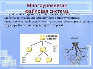 Если на диске хранятся сотни и тысячи файлов, то для 
удобства поиска файлы организуются в многоуровневую 
иерархическую файловую систему, которая имеет «древовидную» 
структуру (имеет вид перевернутого дерева). 
корень 
 