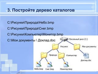 3. Постройте дерево каталогов 
C:РисункиПриродаНебо.bmp 
C:РисункиПриродаСнег.bmp 
C:РисункиКомпьютерМонитор.bmp 
C:Мои документы  Доклад.doc 
 