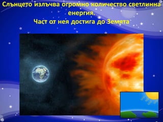 Слънцето излъчва огромно количество светлинна 
енергия. 
Част от нея достига до Земята 
 