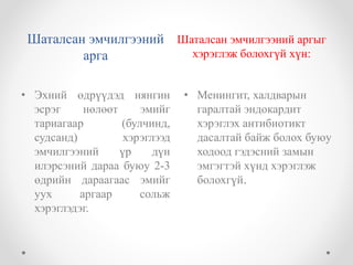 Шаталсан эмчилгээний 
арга 
Шаталсан эмчилгээний аргыг 
хэрэглэж болохгүй хүн: 
• Эхний өдрүүдэд нянгин 
эсрэг нөлөөт эмийг 
тариагаар (булчинд, 
судсанд) хэрэглээд 
эмчилгээний үр дүн 
илэрсэний дараа буюу 2-3 
өдрийн дараагаас эмийг 
уух аргаар сольж 
хэрэглэдэг. 
• Менингит, халдварын 
гаралтай эндокардит 
хэрэглэх антибиотикт 
дасалтай байж болох буюу 
ходоод гэдэсний замын 
эмгэгтэй хүнд хэрэглэж 
болохгүй. 
 