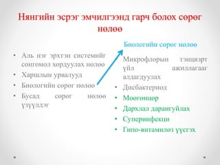 Нянгийн эсрэг эмчилгээнд гарч болох сөрөг 
нөлөө 
Биологийн сөрөг нөлөө 
• Аль нэг эрхтэн системийг 
сонгомол хордуулах нөлөө 
• Харшлын урвалууд 
• Биологийн сөрөг нөлөө 
• Бусад сөрөг нөлөө 
үзүүлдэг 
• Микрофлорын тэнцвэрт 
үйл ажиллагааг 
алдагдуулах 
• Дисбактериод 
• Мөөгөнцөр 
• Дархлал дарангуйлах 
• Суперинфекци 
• Гипо-витамилоз үүсгэх 
 