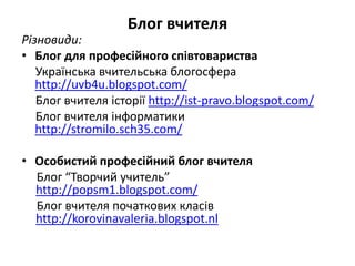 Блог вчителя 
Різновиди: 
• Блог для професійного співтовариства 
Українська вчительська блогосфера 
http://uvb4u.blogspot.com/ 
Блог вчителя історії http://ist-pravo.blogspot.com/ 
Блог вчителя інформатики 
http://stromilo.sch35.com/ 
• Особистий професійний блог вчителя 
Блог “Творчий учитель” 
http://popsm1.blogspot.com/ 
Блог вчителя початкових класів 
http://korovinavaleria.blogspot.nl 
 