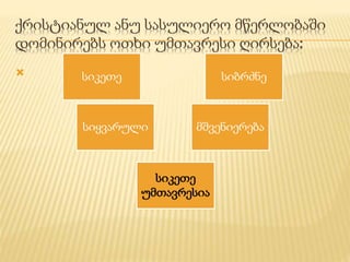 ქრისტიანულ ანუ სასულიერო მწერლობაში 
დომინირებს ოთხი უმთავრესი ღირსება: 
 
სიკეთე სიბრძნე 
სიყვარული მშვენიერება 
სიკეთე 
უმთავრესია 
 