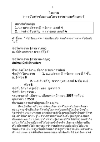 2 
ใบงาน 
การจัดทำาข้อเสนอโครงงาȨอมพิวเตอร์ 
สมาชิกในกลุ่ม 
1. นางสาวปรางวดี ศรีเกษ เลขที่ 4 
2. นางสาวสืบขวัญ นาวายุทธ เลขที่ 6 
คำาชี้แจง ให้ผู้เรียนแต่ละกลุ่มเขียนข้อเสนอโครงงานตามหัวข้อต่อ 
ไปนี้ 
ชื่อโครงงาน (ภาษาไทย) 
องค์ประกอบของ๶ซลล์สัตว์ 
ชื่อโครงงาน (ภาษาอังกฤษ) 
Animal Cell Structure 
ประเภทโครงงาน สื่อการเรียนการสอน 
ชื่อผู้ทำาโครงงาน 1. น.ส.ปรางวดี ศรีเกษ เลขที่ 4 ชั้น 
ม. 6 ห้อง 8 
2. น.ส.สืบขวัญ นาวายุทธ เลขที่ 6 ชั้น ม. 6 
ห้อง 8 
ชื่อที่ปรึกษา ครูเขื่อนทอง มูลวรรณ์ 
ชื่อที่ปรึกษาร่วม - 
ระยะเวลาดำาเนินงาน เดือนพฤศจิกายน 2557 – เดือน 
กุมภาพันธ์ 2558 
ที่มาและความสำาคัญของโครงงาน 
ปัจจุบันมีการเรียนการสอนเรื่อง๶ซลล์ในระดับมัธยมศึกษา 
ตอนปลาย ซึ่งเป็นเรื่องที่สำาคัญในการต่อยอดไปในเรื่องอื่นๆใน 
วิชาชีววิทยาแทบทุกบท หากมีความรู้เรื่อง๶ซลล์ไม่เข้าใจเท่าที่ควร 
ก็จะทำาให้การเรียนรู้ในวิชาชีววิทยาในเรื่องอื่นๆมีปัญหาตามมา 
ส่งผลกระทบเป็นทอดๆ ทำาให้ความรู้ความเข้าใจไม่สามารถเข้าถึง 
แก่นหลักในวิชาเนื้อหานี้ได้อย่างเข้าใจจริง เรื่อง๶ซลล์นี้อาจเป็น 
เรื่องที่ยากหรือไม่สามารถจดจำาส่วนประกอบแต่ละส่วนได้อย่าง 
ชัดเจนอาจเป็นเพราะชื่อที่ยากต่อการจดจำาหรืออาจเป็นเพราะส่วน 
ประกอบของ๶ซลล์นั้นมีหลากหลายและลำ้าลึกเกินไป แต่เรื่อง๶ซลล์ 
 