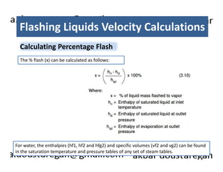 Flashing Liquids Velocity Calculations 
Calculating Percentage Flash 
The % flash (x) can be calculated as follows: 
For water, the enthalpies (hf1, hf2 and hfg2) and specific volumes (vf2 and vg2) can be found 
in the saturation temperature and pressure tables of any set of steam tables. 
 