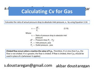 Calculating Cv for Gas 
Calculate the ratio of actual pressure drop to absolute inlet pressure, x, by using Equation 3.16: 
Choked flow occurs when x reaches the value of FkxT. Therefore, if x is less than FkxT, the 
flow is not choked. If x is greater, the flow is choked. If flow is choked, then FkxT should be 
used in place of x (whenever it applies) 
 