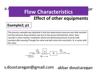 Flow Characteristics 
Example2; p1 
Effect of other equipments 
The previous example was idealized in that the downstream pressure was held constant 
and the pressure drop variation was due to the pump characteristic alone. Now 
consider a more realistic installation where the delivered pressure must be held 
constant after passing Through the valve and with some line restriction, R, in series with 
the valve. 
 