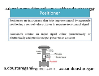 Positioner 
Positioners are instruments that help improve control by accurately 
positioning a control valve actuator in response to a control signal 
Positioners receive an input signal either pneumatically or 
electronically and provide output power to an actuator 
183 
 