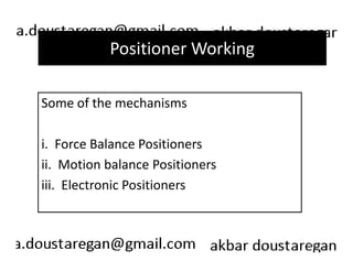 Positioner Working 
Some of the mechanisms 
i. Force Balance Positioners 
ii. Motion balance Positioners 
iii. Electronic Positioners 
194 
 