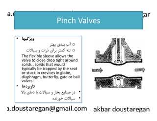 Pinch Valves 
• ويژگيها 
آب بندي بهتر o 
تله كمتر براي ذرات و سيالات o 
The flexible sleeve allows the 
valve to close drop tight around 
solids , solids that would 
typically be trapped by the seat 
or stuck in crevices in globe, 
diaphragm, butterfly, gate or ball 
valves. 
• كاربردها 
در صنايع بخار و سيالات با دماي بالا • 
سيالات خورنده • 
 