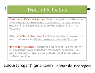 Types of Actuators 
Pneumatic Valve Actuators: Adjust the position of the valve 
by converting air pressure into rotary motion or linear motion. 
Piston and Diaphragm Actuators are examples of Pneumatic 
Actuators 
Electric Valve Actuators: An electric actuator is powered by 
motor that converts electrical energy to mechanical torque 
Hydraulic actuator: Consists of a cylinder or fluid motor that 
uses hydraulic power to facilitate mechanical operation. The 
mechanical motion gives an output in terms of linear, rotary or 
oscillatory motion 
203 
 
