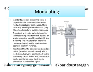 Modulating 
• In order to position the control valve in 
response to the system requirements a 
modulating actuator can be used. These 
units may have higher rated motors (Step 
Motor) and may have built-in electronics. 
• A positioning circuit may be included in 
the modulating actuator which accepts an 
analogue control signal (typically 0-10 V or 
4-20 mA). The actuator then interprets 
this control signal, as the valve position 
between the limit switches. 
• To achieve this, the actuator has a position 
sensor (usually a potentiometer), which 
feeds the actual valve position back to the 
positioning circuit. In this way the actuator 
can be positioned along its stroke in 
proportion to the control signal. 
 